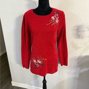 Vintage Carolyn Taylor Vibrant Red Knit Sweater with Embroidered Flowers